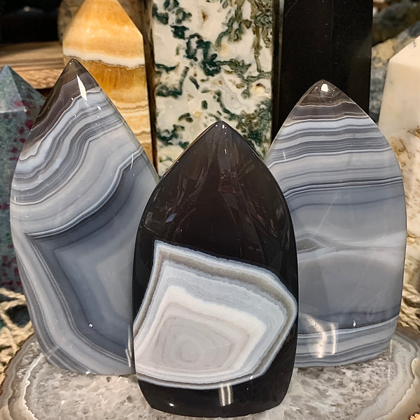 Banded Agate Cut Base Smooth Flame Carving