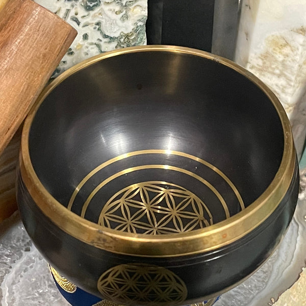 Tibetan Singing Bowl Meditation Bowl Flower of Life Matte Black Finish 4 Inch