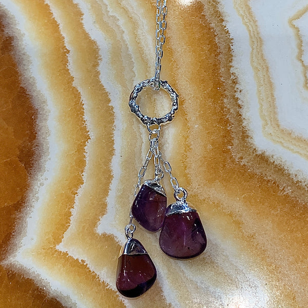 Three Stone Amethyst Silver Necklace