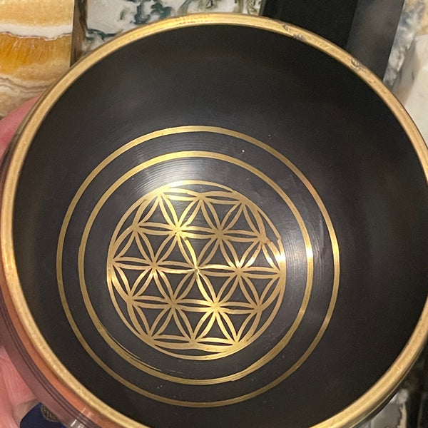 Tibetan Singing Bowl Meditation Bowl Flower of Life Matte Black Finish 4 Inch