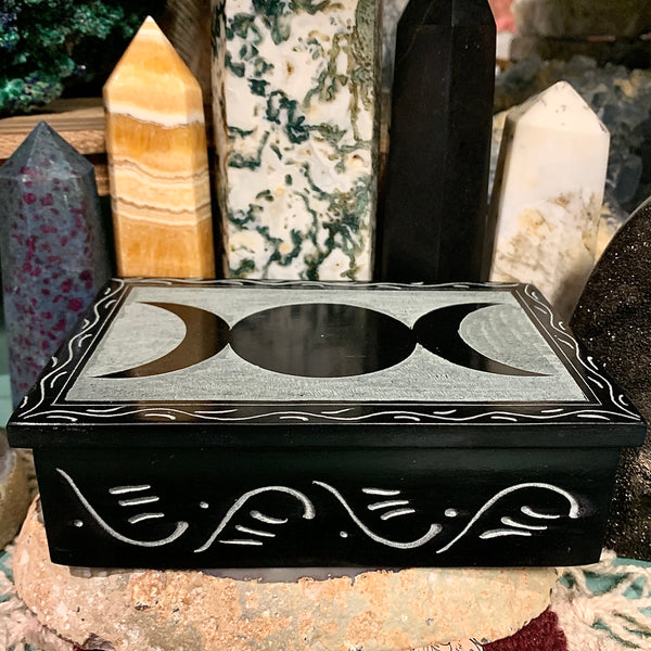 Triple Moon Carved Soapstone Box 4 x 6 Inches