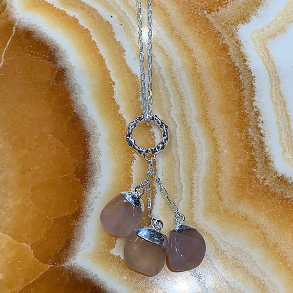 Three Stone Rose Quartz Silver Necklace