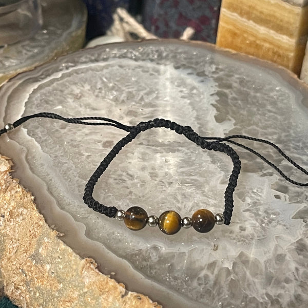 Three Bead Tiger Eye Black Macrame Closure Bracelet