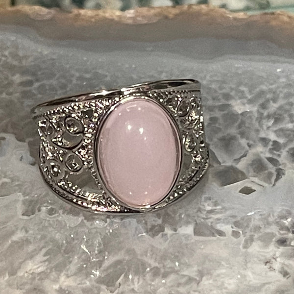 Rose Quartz in Ornate Silver Wide Band Ring