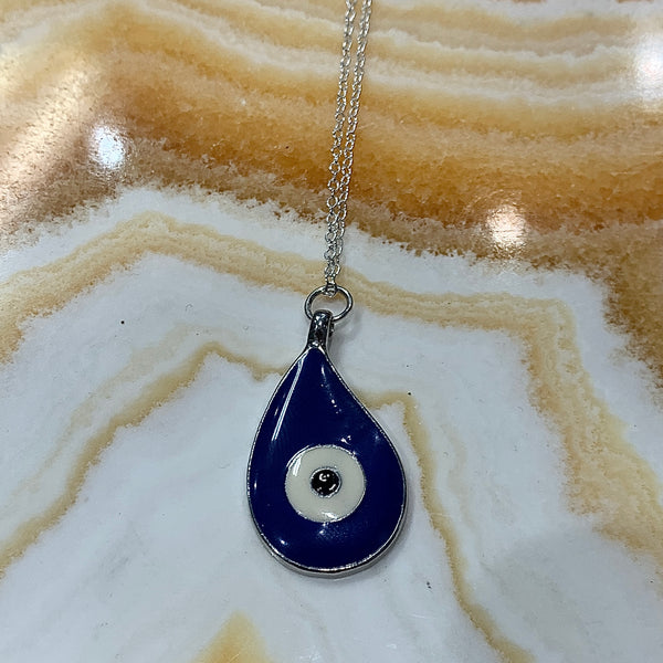 Silver Plated Blue Evil Eye Teardrop 20 Inch Necklace