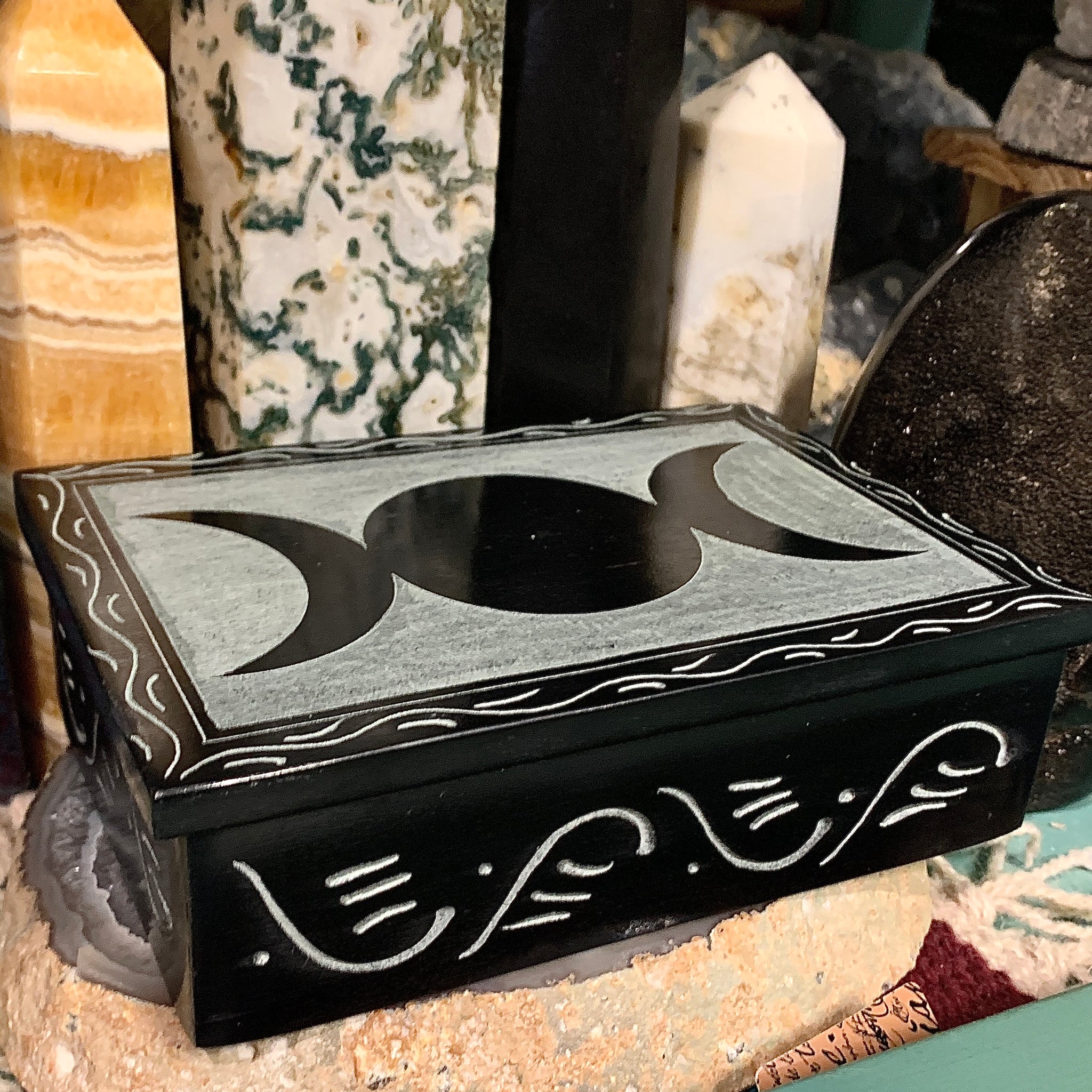 Triple Moon Carved Soapstone Box 4 x 6 Inches