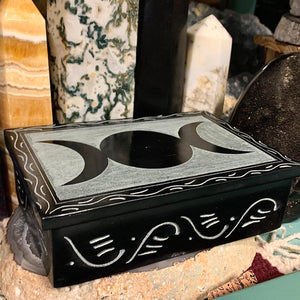 Triple Moon Carved Soapstone Box 4 x 6 Inches