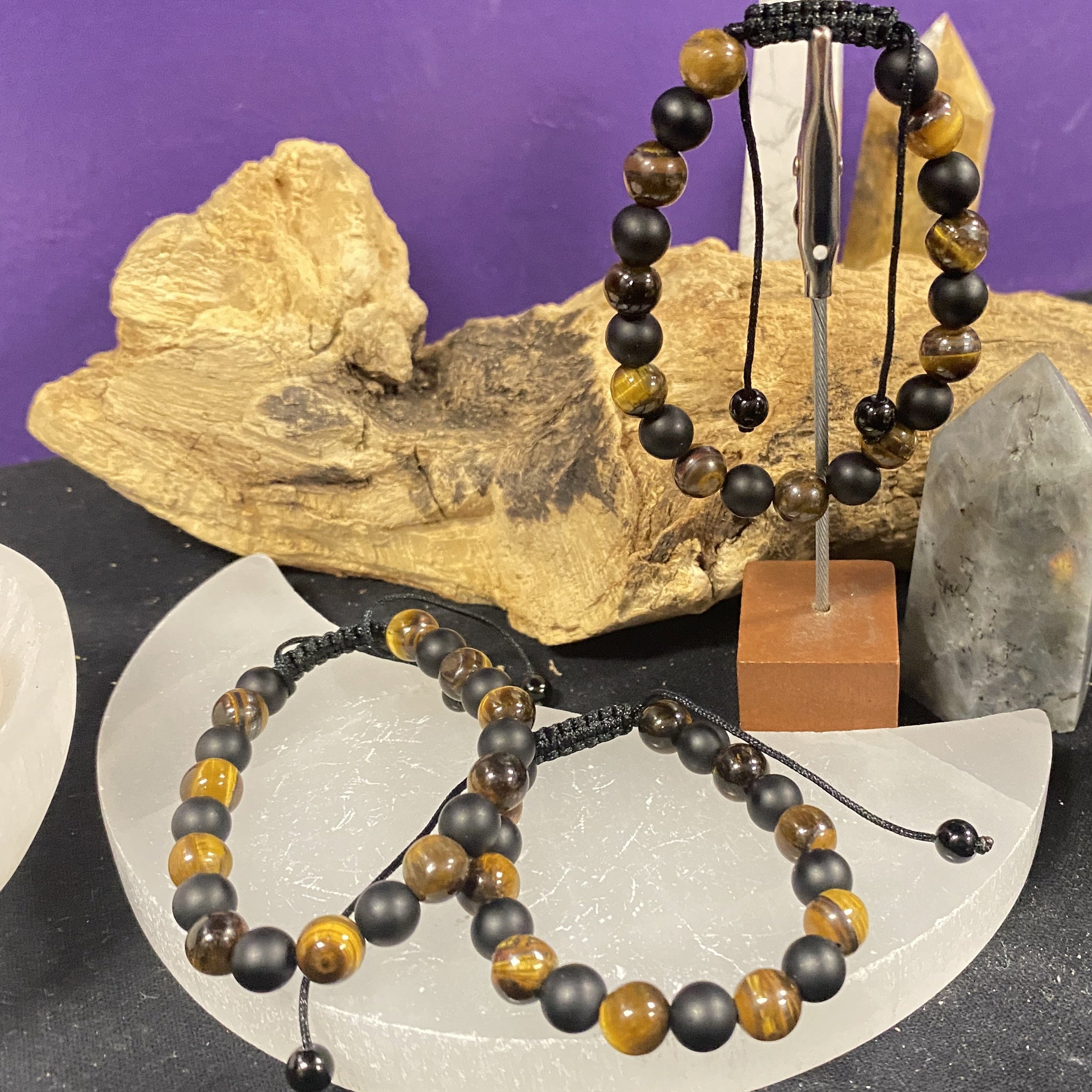 Tiger Eye and Matte Obsidian Macrame Closure Adjustable Bracelet