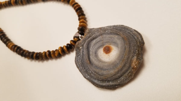 Natural Tiger Eye and Quartz druzy pendant necklace