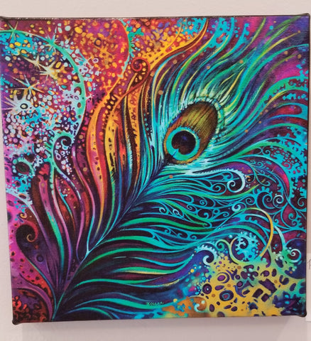 Peacock Feather Print on Canvas 8 X 8 Inch by Laura Zollar