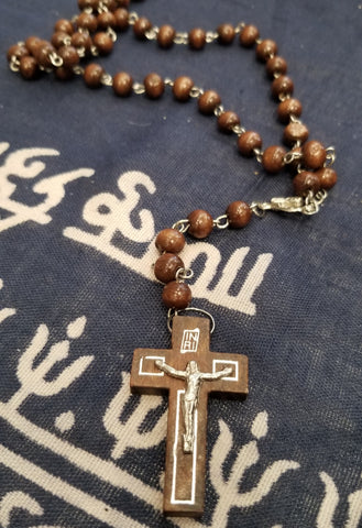 Dark Brown Wood Bead and Silver Traditional Rosary
