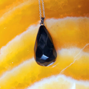 Shungite Faceted Drop Silver Finish Pendant Necklace