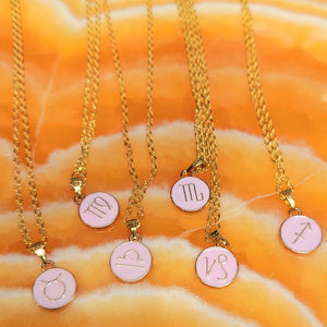 Zodiac Pink Enamel Dual Side Pendant Gold Finish Necklace