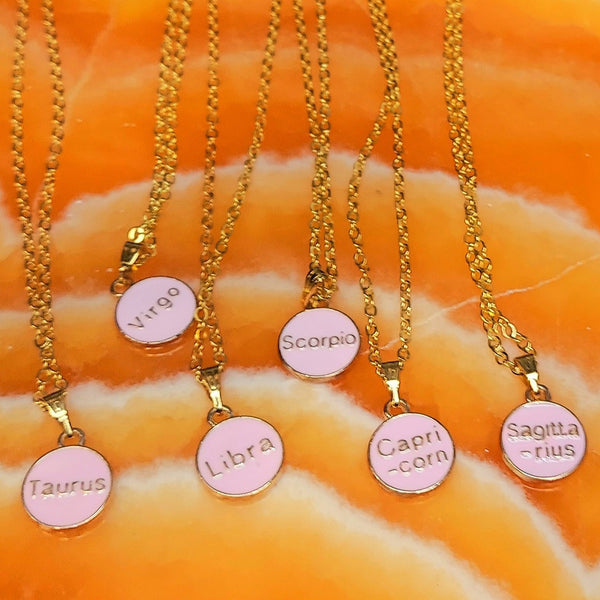 Zodiac Pink Enamel Dual Side Pendant Gold Finish Necklace