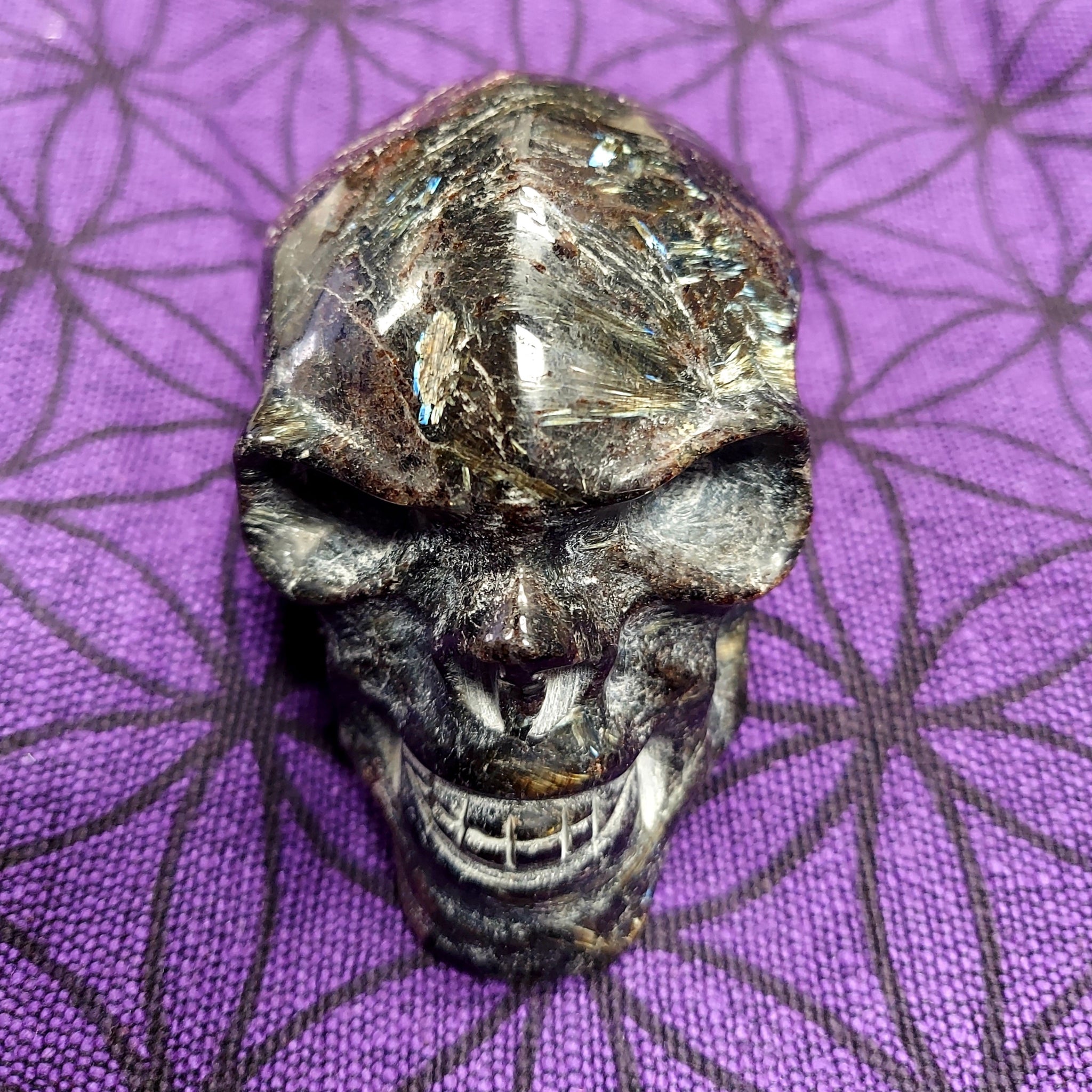 Garnet & Astrophyllite Skull Carving
