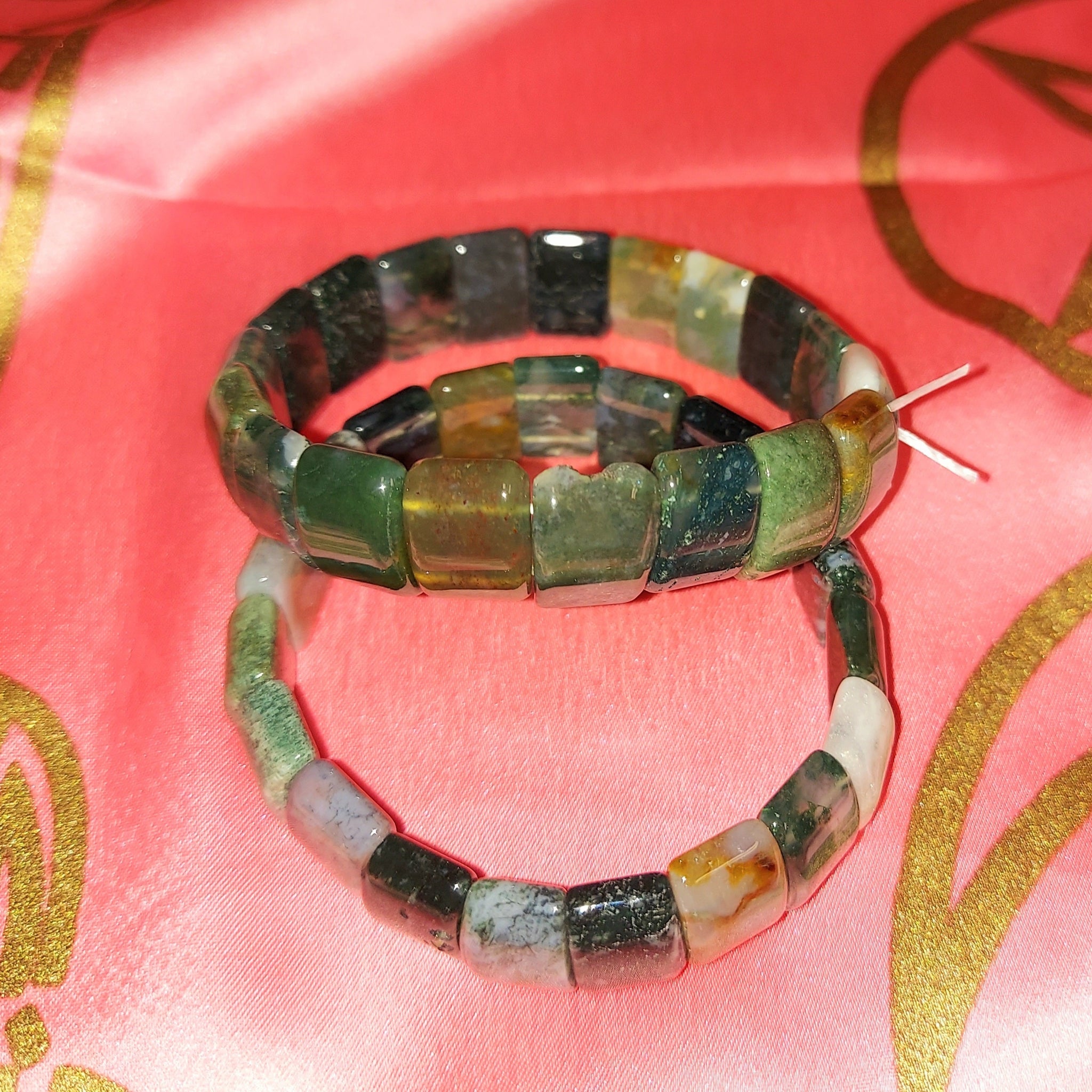 Moss Agate & Fancy Jasper Double Hole Tile Strand Bracelet