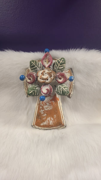 Terra Cotta Floral Bouquet Handpainted Cross