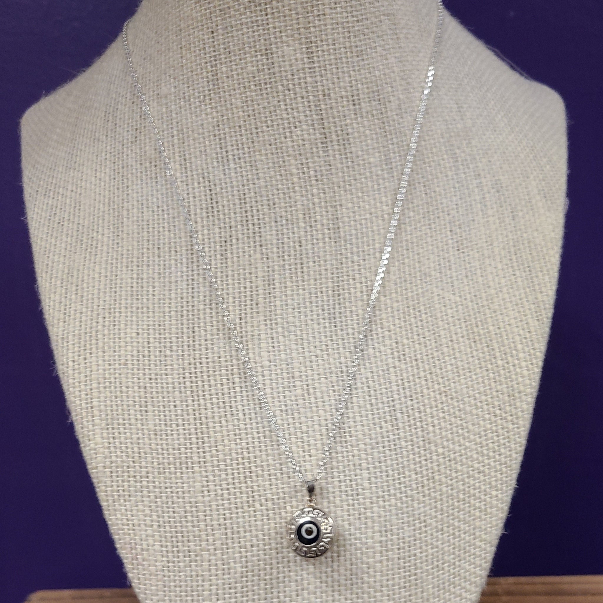 Evil Eye Sterling Silver Greek Key Pendant Necklace