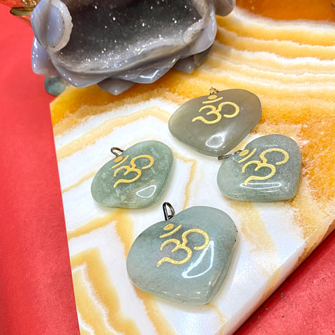 Green Jade Om Engraved Heart Pendant