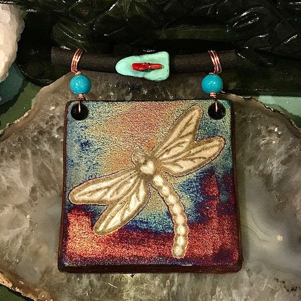 Raku Glazed 3 Inch Dreamcatcher Tile with Turquoise and Copper