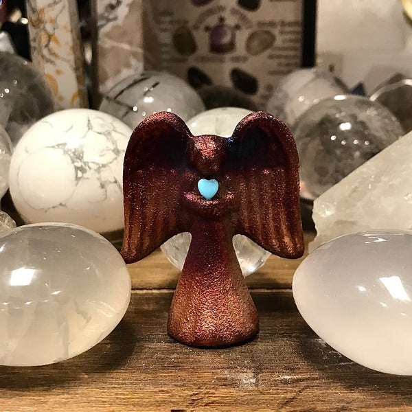 Raku Glazed Small 2.5 Inch Angel with Turquoise Heart