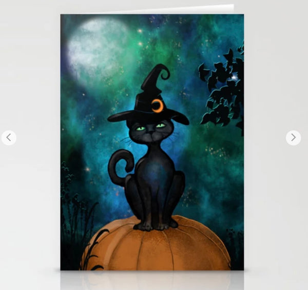 Halloween Greeting Card - Witch’s Familiar on a Pumpkin