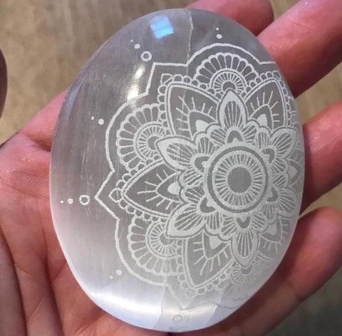 Mandala Etched Selenite Palm Stone