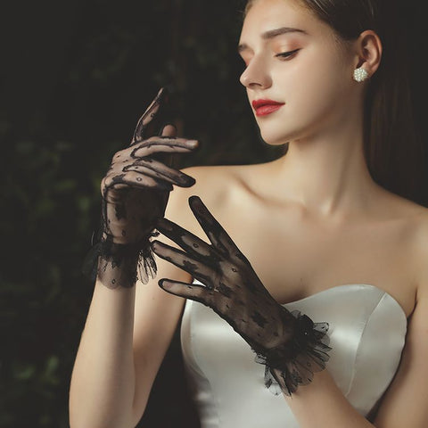 Sheer Nylon Gloves with Ruffles, Vintage Style, Tulle Gloves