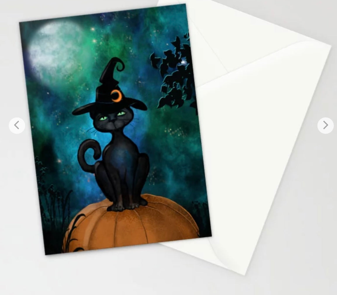 Halloween Greeting Card - Witch’s Familiar on a Pumpkin