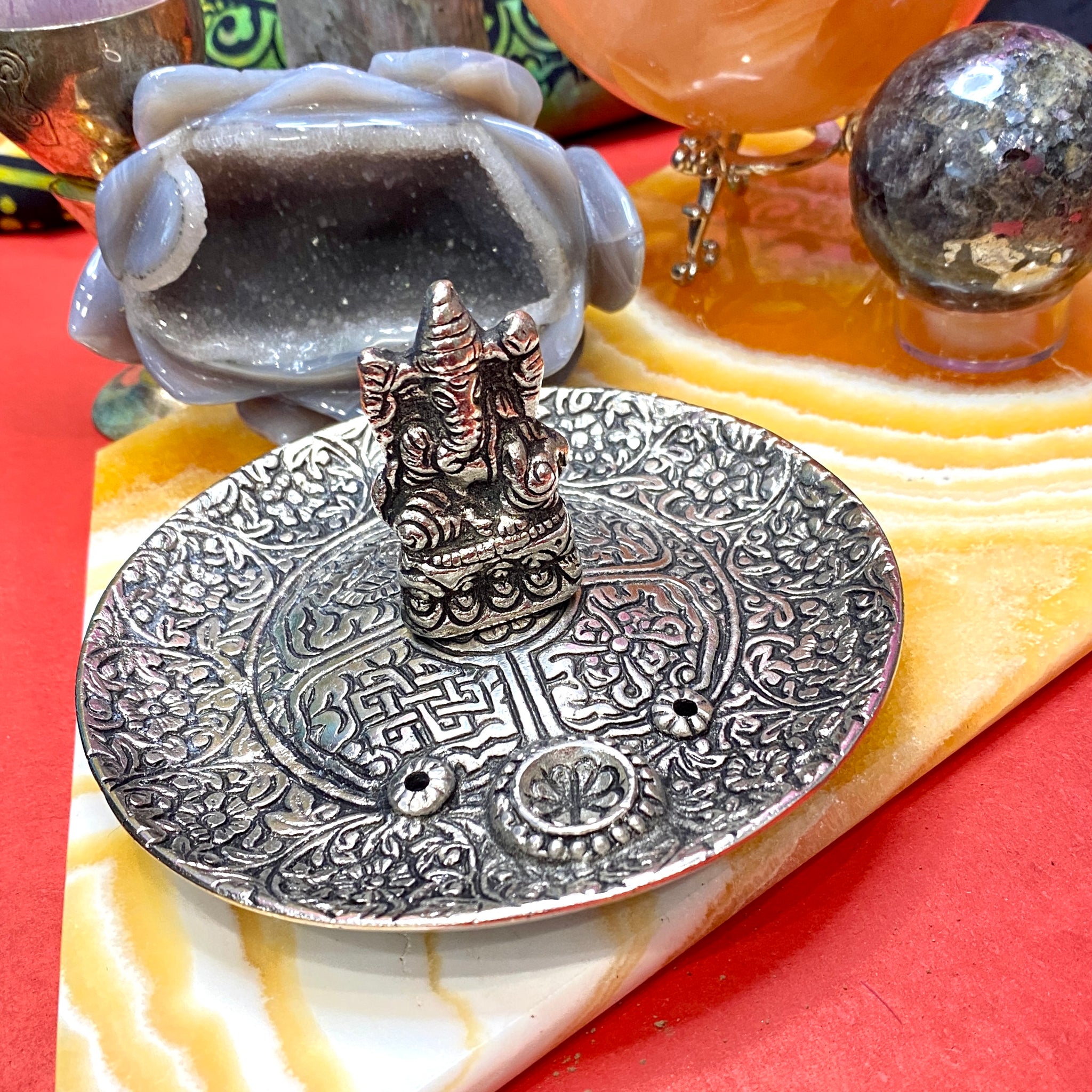 Ganesh Aluminum Round Ornate Incense Burner Plate