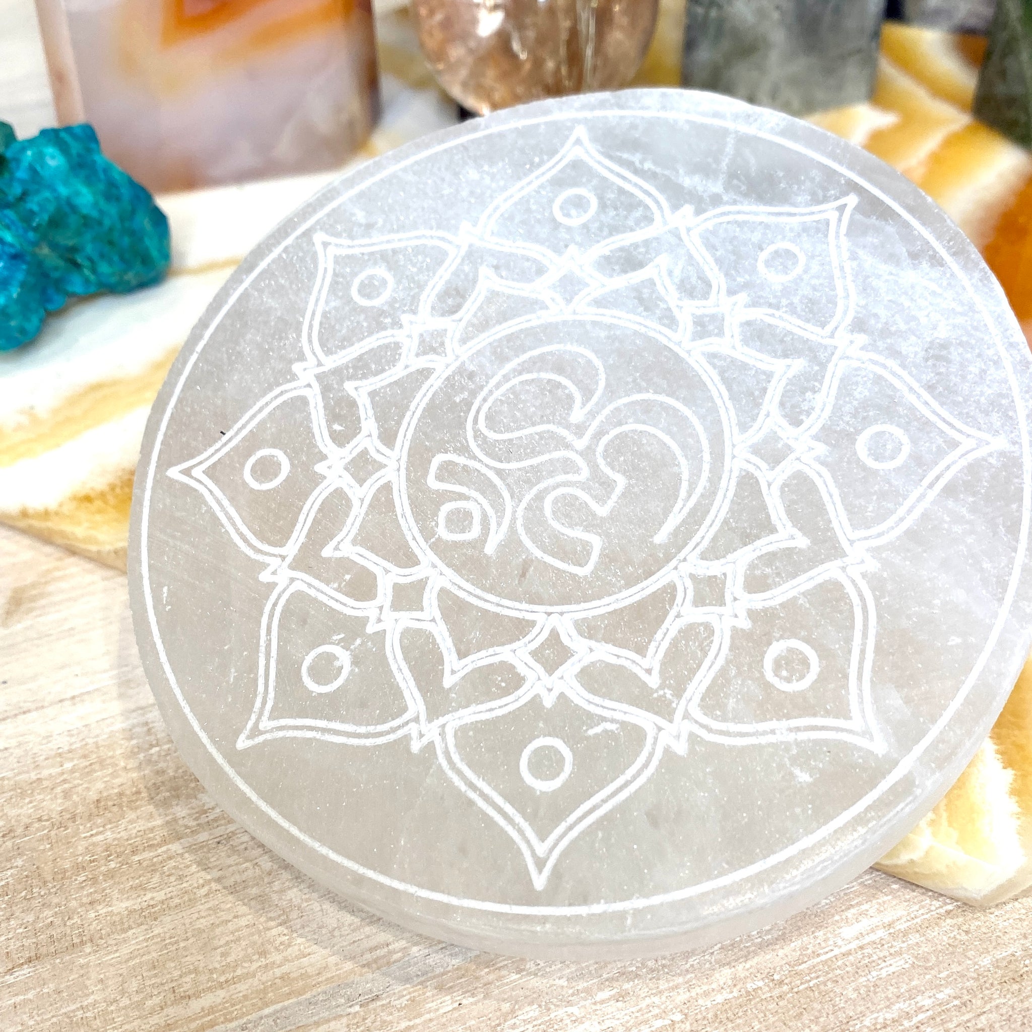 Selenite Round Charger Etched Lotus with Om 3-4”