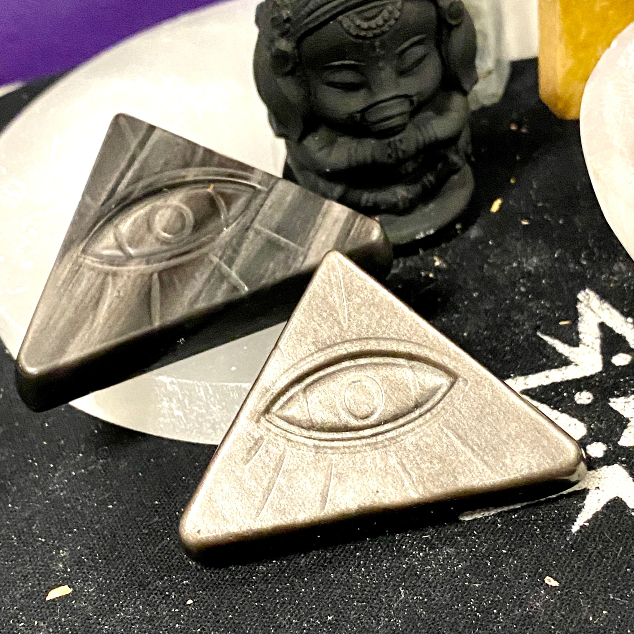 Eye of Providence Sheen Obsidian Triangle Carving