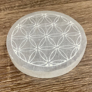 Selenite Round Charger with Etched Flower of Life