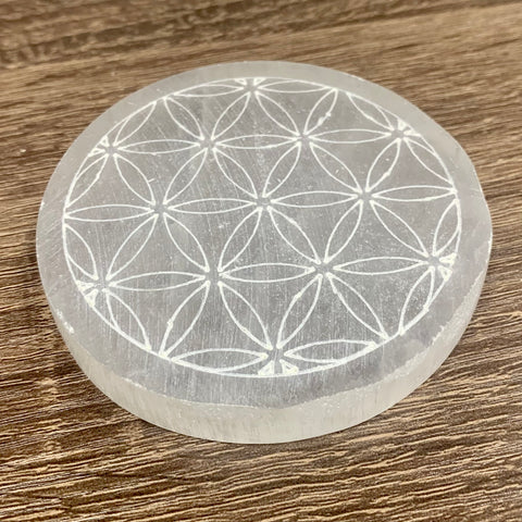 Selenite Round Charger with Etched Flower of Life