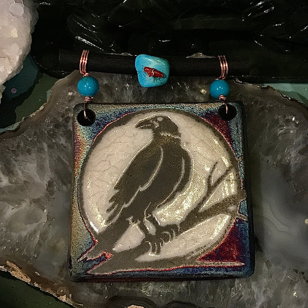 Raku Glazed 3 Inch Dreamcatcher Tile with Turquoise and Copper