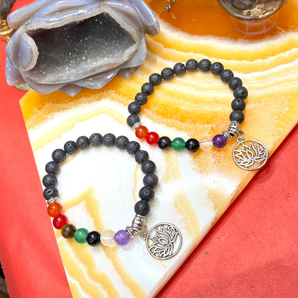 Chakra Gemstone Lava 4mm Stackable Stretch Bracelets with charms