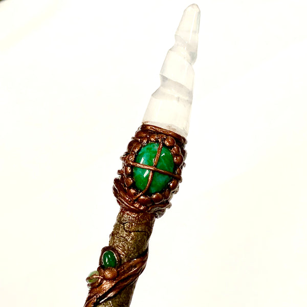 Magick Wand Eucalyptus Wood and Selenite & Green Aventurine by Dark Decors