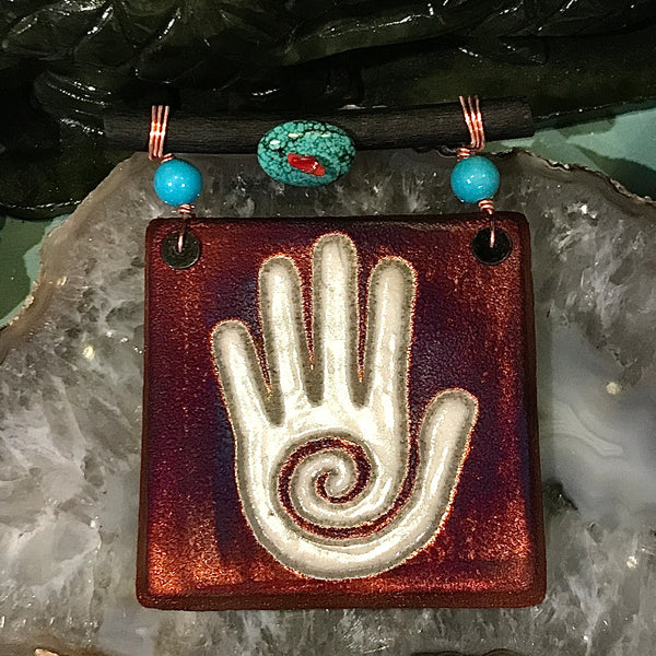 Raku Glazed 3 Inch Dreamcatcher Tile with Turquoise and Copper