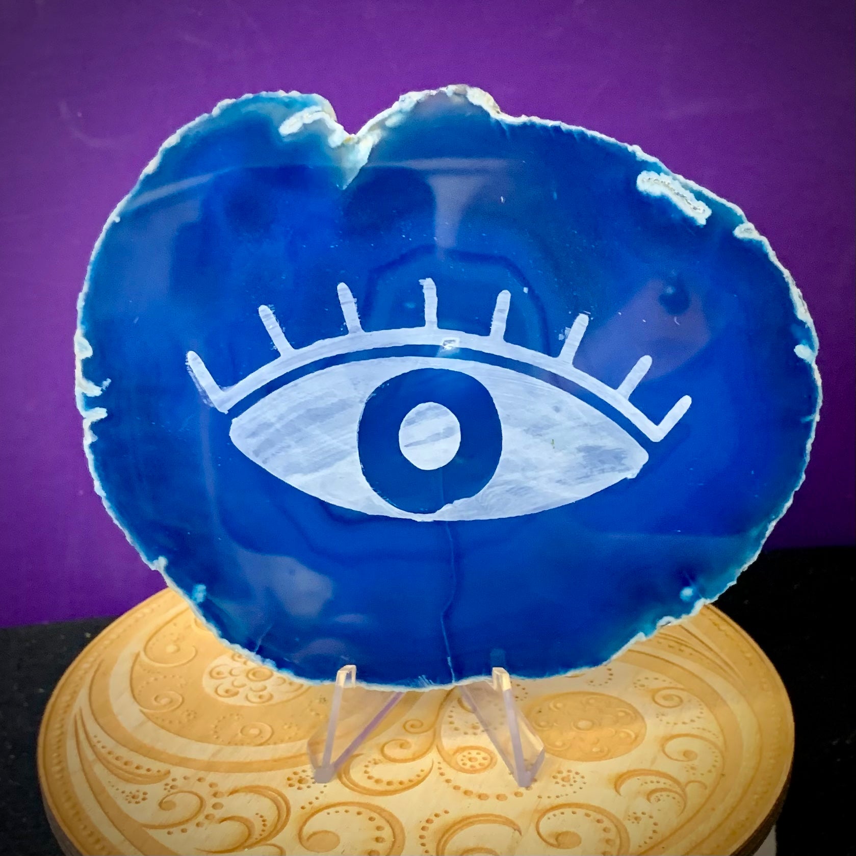 Evil Eye Etched Banded Agate Slab with Stand