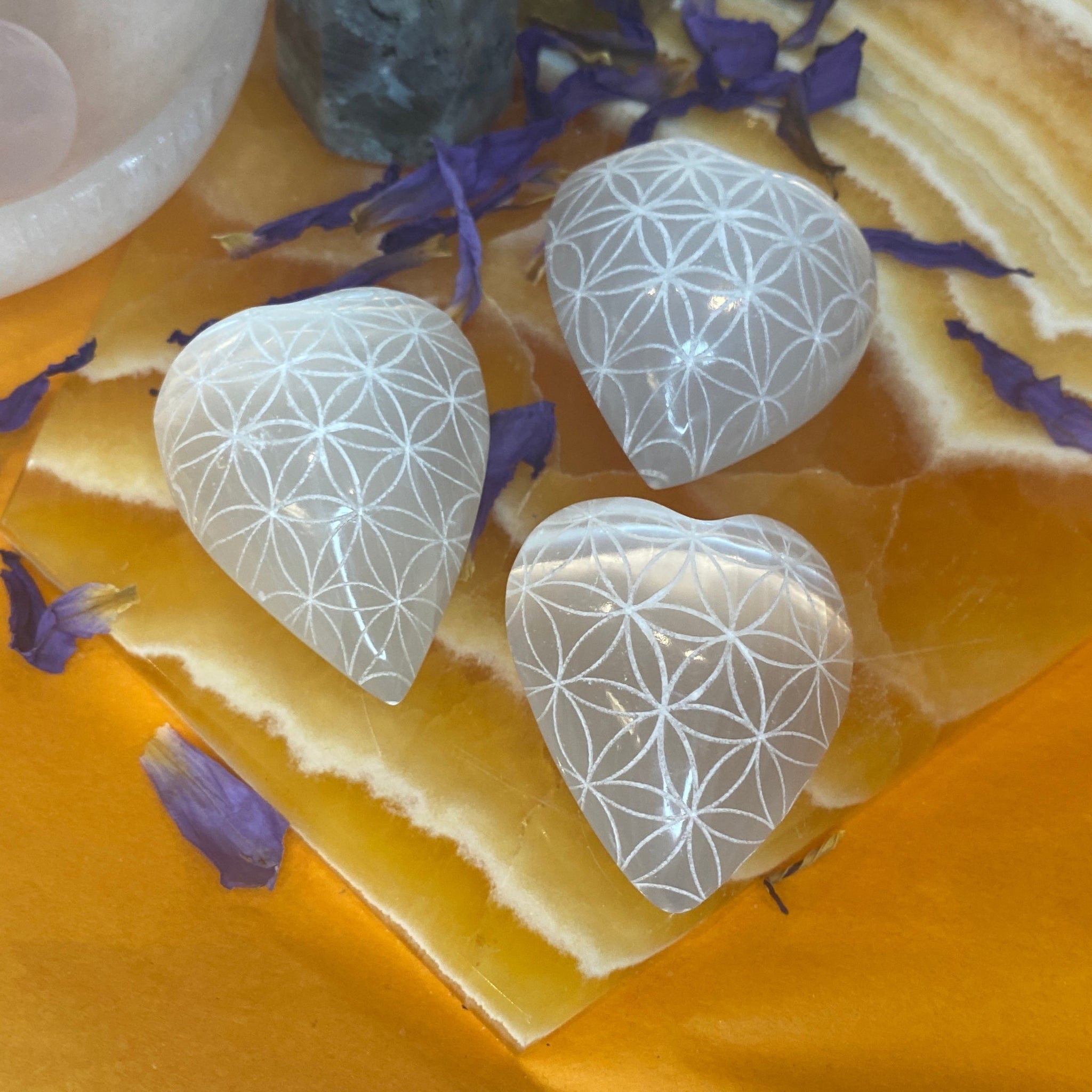 Selenite Flower of Life Etched Heart