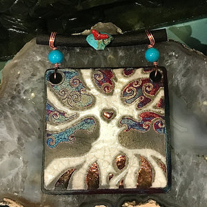 Raku Glazed 3 Inch Dreamcatcher Tile with Turquoise and Copper