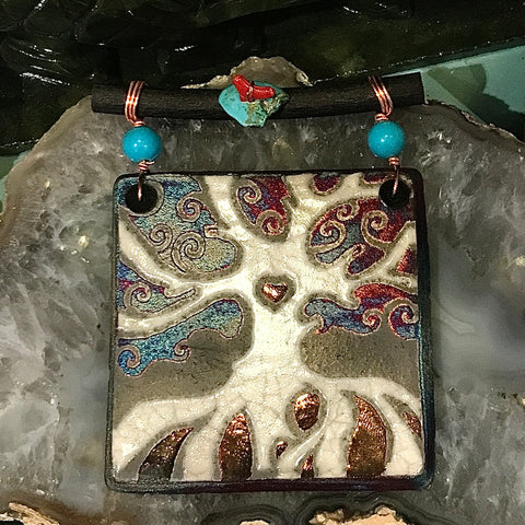 Raku Glazed 3 Inch Dreamcatcher Tile with Turquoise and Copper