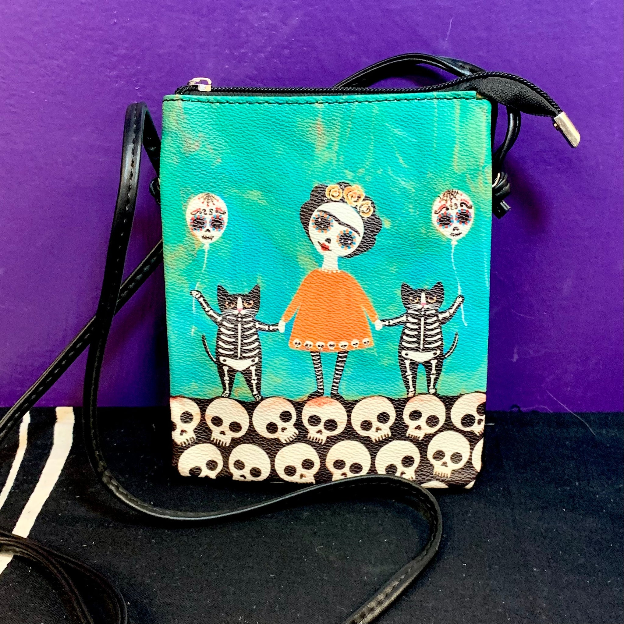 Purse / Crossbody Bag - Skeleton Girl in Orange Dress with Cats