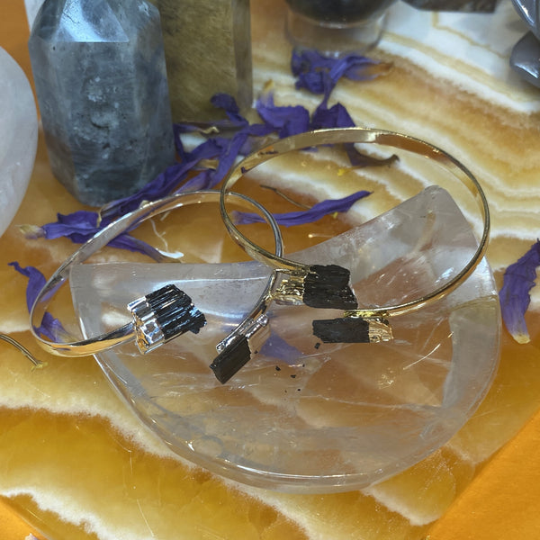 Black Tourmaline Cuff Bracelet in Gold and Silver Finish