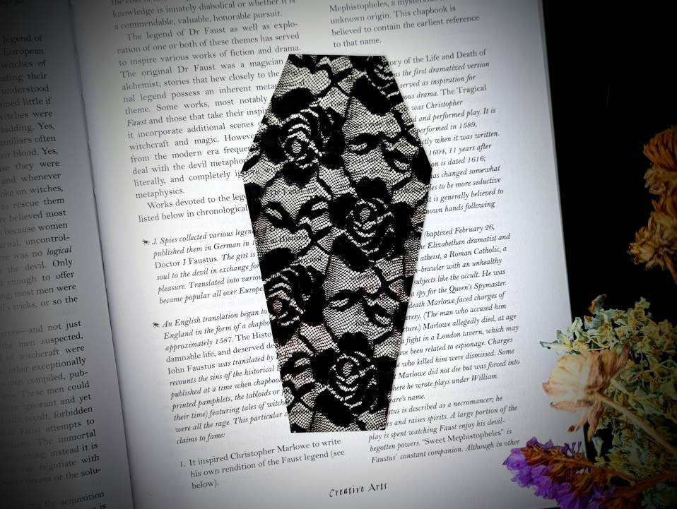 Black Floral Lace Coffin Clear Bookmark