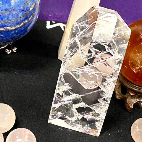 Fire and Ice Crackle Quartz Crystal Flat Tower