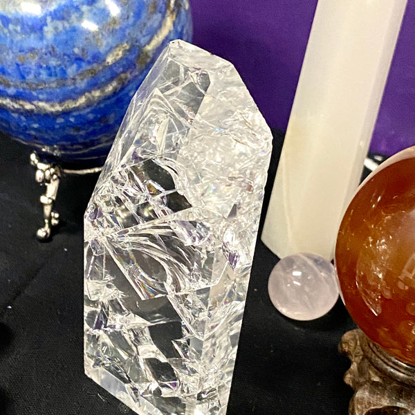 Fire and Ice Crackle Quartz Crystal Flat Tower