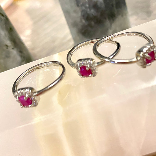 Ruby and Zircon Adjustable Silver Ring