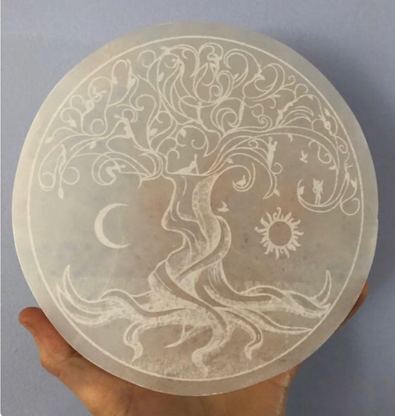 Selenite Charger Plate with Engraved Tree