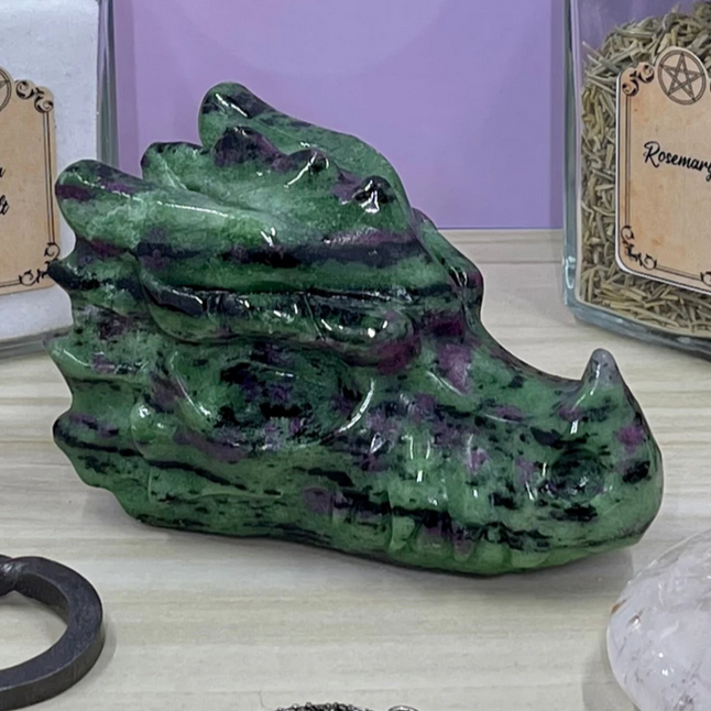 Ruby Zoisite Dragon Head Carving 3.5 Inch